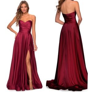 La Femme Strapless Slit Satin Ballgown Maxi Dress 28608 Wine Red Size 0 NWT